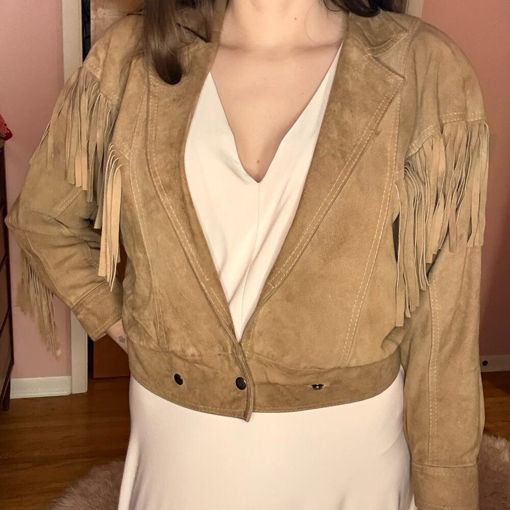 Brown Suede Leather Fringe Bomber Jacket